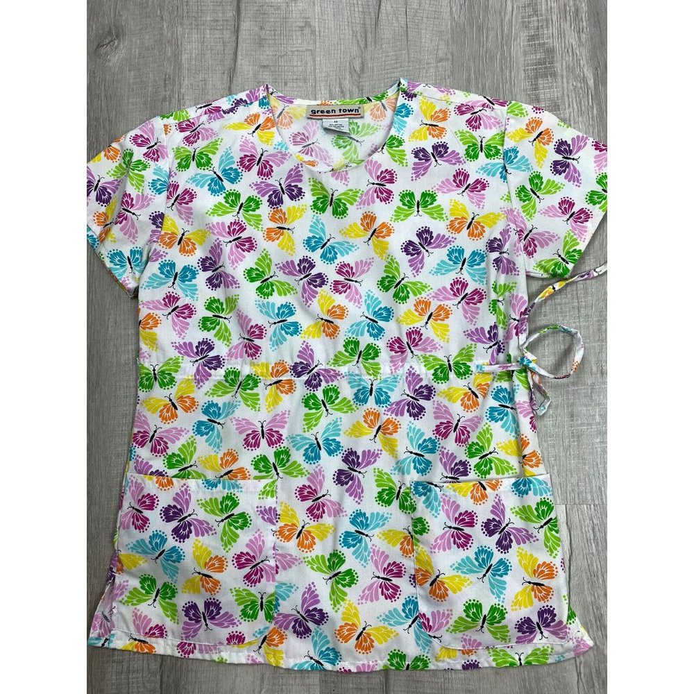 Womens Size XS Colorful Butterfly Print Scrub Top by Green Town